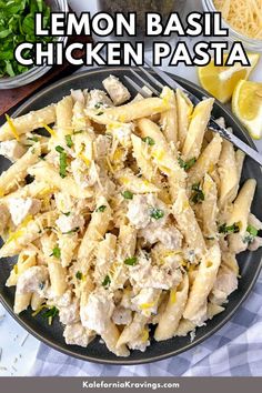 lemon basil chicken pasta on a black plate