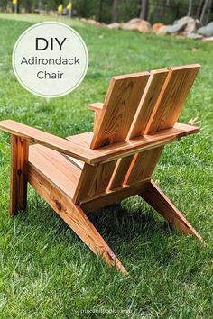 a wooden adirondack chair sitting in the grass with text overlay that reads diy adirondack chair