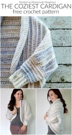 the cozyest cardigan free crochet pattern is shown in three different colors