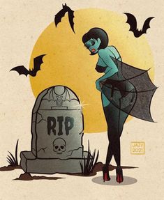 a woman standing in front of a tombstone with bats flying around her and the word rip written on it