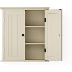 an open cabinet with doors and shelves on both sides, isolated against a white background