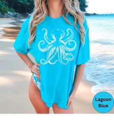 Octopus Comfort Colors Shirt, Trendy Octopus Tshirt, Squid Shirt for Her, Summer Beach Vacation Ocean Marine T Shirt, Nature Lover Gift - Etsy Blue Summer T-shirt For Surfing, Fun Summer T-shirt For Beach Party, Tropical Graphic Print T-shirt For Beach, Casual Blue T-shirt For Beach Party, Screen Print T-shirt For Beach Vacation, Blue Summer T-shirt For Vacation, Blue Short Sleeve T-shirt For Beach Season, Blue Short Sleeve T-shirt For Beach, Blue Short Sleeve Summer T-shirt