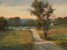 an oil painting of a dirt road leading to a tree in the middle of a field