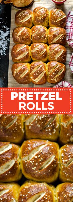 several different types of breads are on display in this collage with the words pretzel rolls above them