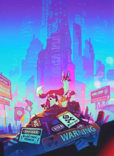 an animated character riding on top of a car in front of a cityscape