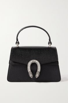 This super mini version of Gucci's iconic 'Dionysus' bag is sized to hold just the essentials, like your phone, cardholder, and lipstick. It's been crafted in Italy from textured-leather and can be carried by the structured top handle or silver-tone chain strap. Match your jewelry to the signature tiger head clasp, which is embellished with sparkling crystals. Horsebit Mini Gucci Bag, Gucci Dionysus Mini, Horsebit Loafers, Gucci Mini, Fancy Bags, Bags Aesthetic, Mini Tote Bag, Pretty Bags, Black Purses