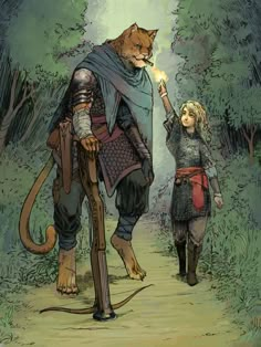 a cat that is standing next to a girl in the woods with a light saber