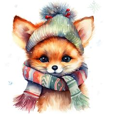 a watercolor painting of a little fox wearing a hat and scarf with snowflakes