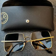 Excellent Condition! Only Worn Once Or Twice. Black Sunglasses Square, Ray Ban Sunglasses, Black And Gold, Gold Black, Square Sunglasses, Ray Ban, Sunglasses Accessories, Ray Bans, Gold Color