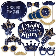 blue and gold party photo booth props with stars, mustaches and speech bubbles on them