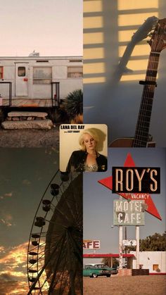 the collage shows an old fashioned sign, a ferris wheel and a woman in a cowboy hat