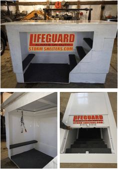 there are several pictures of the inside of a storage shed that is being built into concrete