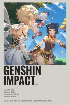 an advertisement for the game genshin impact, featuring two women in armor and one is holding