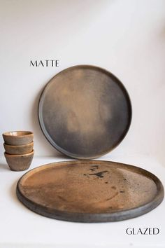 three plates and two cups are shown with the names matte, glazid