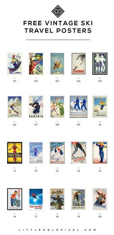 a poster with the words free vintage ski travel posters written in different font styles and colors