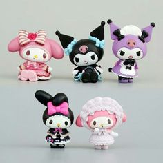 hello kitty dolls are all dressed up in different outfits and hair styles, including bunny ears