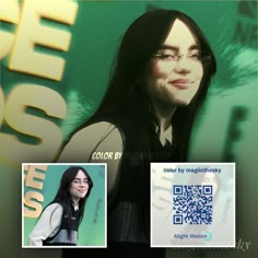 a woman with long black hair and glasses is smiling at the camera next to a qr code