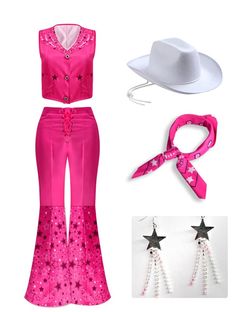 a woman's western outfit with pink and black stars on the bottom, white cowboy hat