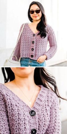 two photos of a woman wearing a purple sweater