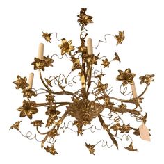 a gold chandelier with five candles and flowers on the bottom, hanging from an ornately decorated ceiling