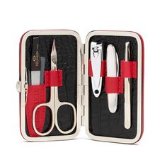 Nothing says more about a man than his hands. Our five-piece, handmade manicure set will allow any modern male to be at his best at any given time – at home or on the move. This neat set, comprising the finest quality cuticle nail scissors, precision nail clippers, tweezers, nail file and a nifty pocket knife, is presented in a stylish faux crocodile -leather case (available in Black with Red Trim, Olive Green and Soft Leather cases available in Havana Brown/Orange and Blue) and will take you fr Leather Cases, Nail Scissors, Havana Brown, Manicure Set, Crocodile Leather, Nail Clippers, Tweezers, Brown Orange, Men's Grooming