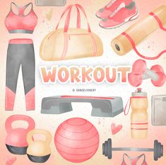 an illustration of a woman's gym equipment and workout items on a pink background