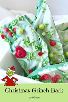 christmas grinch bark candy in a white bowl