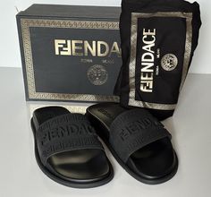 100% Authentic Guaranteed Polyurethane upper Open toe Slip-on style Rubber/plastic sole Made in Italy Shoes Measurements & Information Condition: Brand new with Box and Dust Bag Made in: Italy US Size:  12 Length: 12.3" Width: 5.1" © by baysuperstoreus Versace X Fendi, Versace Slides, Fendi Versace, Italy Shoes, Sandal Slides, Pool Slide, Mens Shoes Sandals, Donatella Versace, Logo Pattern