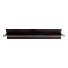 a black shelf that is on top of a white wall and has silver trim around the edge