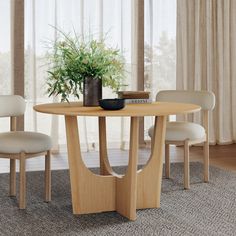 a wooden table with chairs around it and a potted plant on the table top