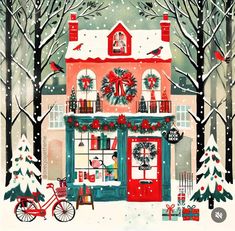 a painting of a store front with christmas decorations on the windows and trees around it