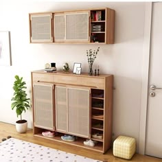 a living room with a book shelf and a potted plant on the floor next to it