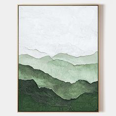 a painting with green mountains in the background