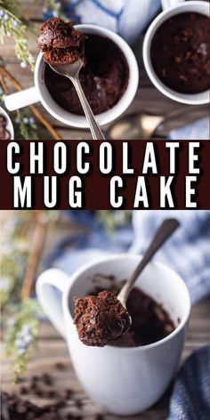 chocolate mug cake in two white cups with spoons on the side and text overlay that reads, chocolate mug cake