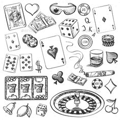 hand drawn casino symbols and dices on a white background stock photo, royalty illustration