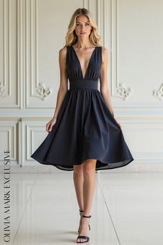 Olivia Mark - Elegant Navy Blue Midi Dress with Deep V-neckline and Elastic Waistband Navy Blue Midi Dress, Black Strappy Heels, Blue Midi Dress, Cinched Waist, Strappy Heels, Olivia Mark, Deep V, Elegant Dresses, Blue Dresses