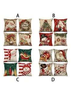 christmas pillow covers with santa claus and snowman on them, all in different styles