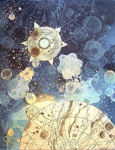 an artistic painting with circles and stars in the sky