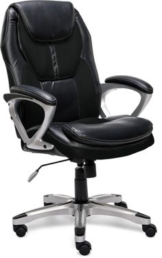 an office chair with black leather upholstered seat