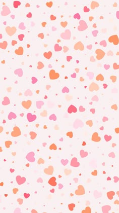 pink and orange hearts are scattered on a white background, with small dots in the shape of hearts