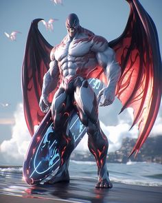 an animated character standing on the beach with his wings spread