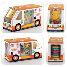 four pictures of an orange and white bus with toys in it's side - by - side