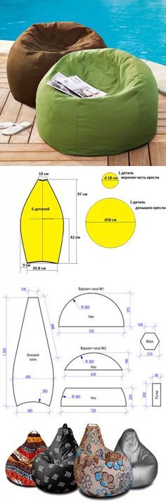 an inflatable bean bag chair next to a swimming pool with the measurements for it