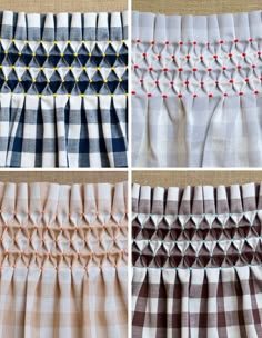 four different images of curtains with red and white pinstripes on them, one showing the