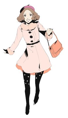 a drawing of a woman in a pink coat and black tights holding a handbag