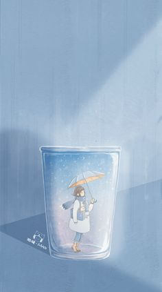 a cup with an image of a woman holding an umbrella in the snow, on a blue background