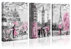 three canvases with people walking in the rain and holding umbrellas, one has pink flowers