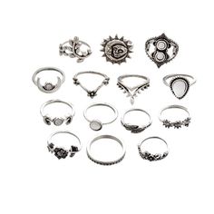 PRICES MAY VARY. ♛14pcs knuckle rings featuring sunflower, crescent moon and other creative pattern. ♛Exquisite workmanship, nice gift for you or your friends. ♛Made of high quality material, durable and sturdy. ♛Occasions: Club, Party, Bar, Daily Life, Dating, Shopping, etc. ♛Perfect for gifts for birthday,holidays, stocking stuffers, graduation, Christmas, Valentine's Day, Mother's Day. Type: Ring Set
 Gender: Women's
 Style: Retro
 Quantity: 14 Pcs/Set
 Material: Alloy, Faux Opal
 Occasions: Sunflower Moon, Vintage Sunflower, Finger Jewelry, Diy Ring, Diy Jewelry Gifts, Stackable Ring Sets, Sunflower Ring, Ring Man, Costume Jewelry Rings