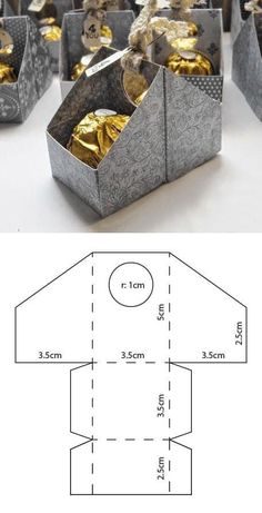 an image of some metal containers with gold foil in them and the measurements for each container