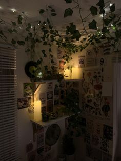 a room with plants and pictures on the wall, lights in the corner and windows